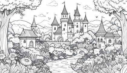 Obraz premium Enchanting castle scene fantasy coloring page whimsical garden view