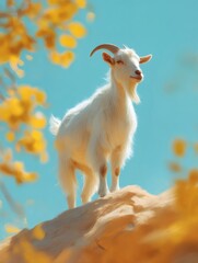 Obraz premium Lone goat standing on rock against blue sky natural scene
