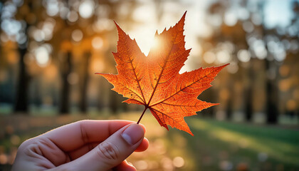 Hand holding a vibrant autumn maple leaf bathed in sunlight.