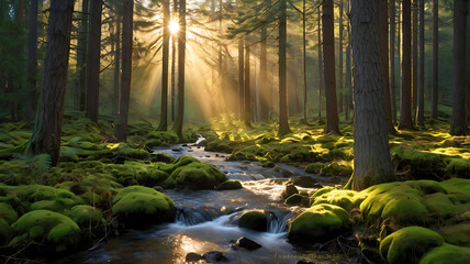 Fototapeta premium The Forest Awakens: Sunrays Pierce Through Trees Over a Mossy Stream