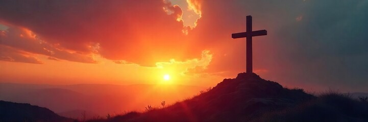 Fototapeta premium A somber yet hopeful depiction of Good Friday; a cross silhouetted against a sunrise, conveying peace and sacrifice Perfect for religious or spiritual themes , holy week, reflection, darkness