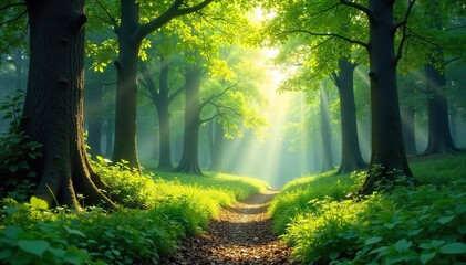 Obraz premium Sun-dappled forest floor, lush green undergrowth, towering trees, dappled sunlight filtering through leaves Perfect for nature, environmental, or fantasy backgrounds , backdrop, wood, ecology