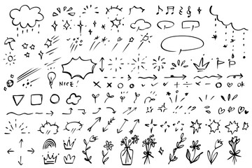 Cute hand-drawn monochrome  icon set like botanical flower and bubble speech ,arrows , sunburn , leaf, stars etc vector illustration set