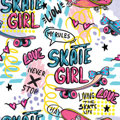 skateboard seamless pattern. Seamless bright abstract pattern with skateboard. Prints for T-shirts, textiles, clothes, sports, and more