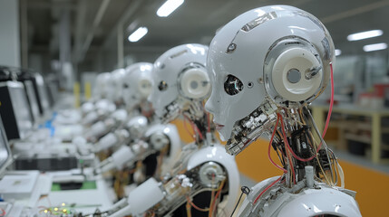 Fototapeta premium Robots working at control terminals in a factory