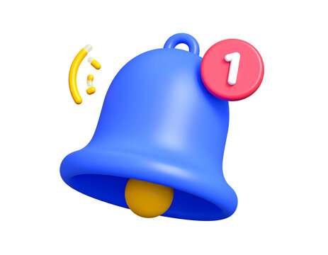 3d render blue bell notification icon one new message isolated on a white background
