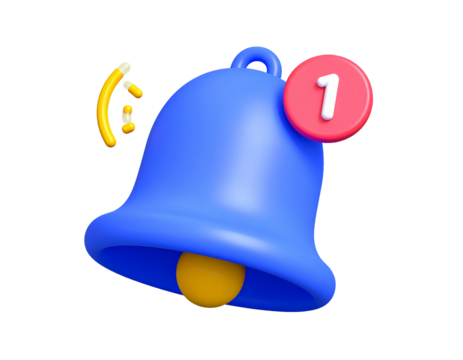 3d render blue bell notification icon one new message isolated on a white background