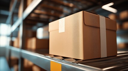 Sealed cardboard box on warehouse shelf, efficient logistics in action