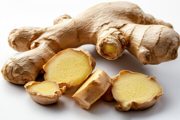 Fototapeta premium Fresh whole and sliced ginger root display kitchen counter food photography bright lighting close-up shot culinary benefits and uses
