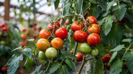 Ripe and unripe tomatoes cluster on a vine hanging in a sunlit greenhouse promising a fresh and homegrown harvest.