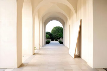Arched corridor leading to a garden with sunlight highlighting the architecture and a blank canvas propped against the wall.