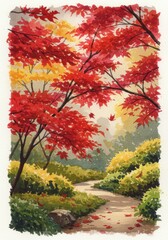 Autumnal Path Vibrant Red Maple Leaves and Golden Hues in a Serene Garden