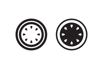 Black and white citrus slice icons with seeds in simplistic design.