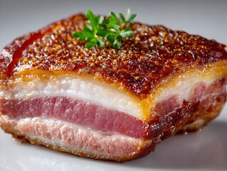 Obraz premium A succulent piece of roasted pork belly with crispy skin and tender meat is presented on a white background.