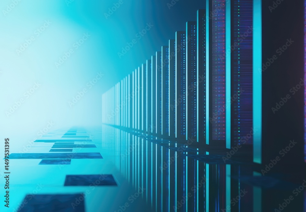 Poster Long row of modern data servers in a glowing blue futuristic server room with digital lights and reflections. Perfect for cloud computing, AI, and network infrastructure use