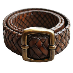 Shop stylish brown braided leather belt with antique brass buckle online on transparent background