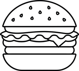 Bold Black Line Art Hamburger Illustration Sesame Bun Patty Lettuce Cheese Tomato