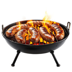 bratwursts cooking on flaming grill [Transparent Background PNG]