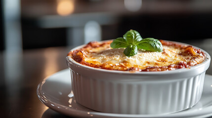 Baked Lasagna in a White Ramekin Topped with Basil