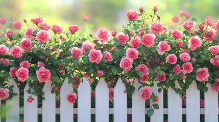 Pink roses are blooming over a bright white wooden picket fence. Use this idyllic image for your garden, spring or love themed project.