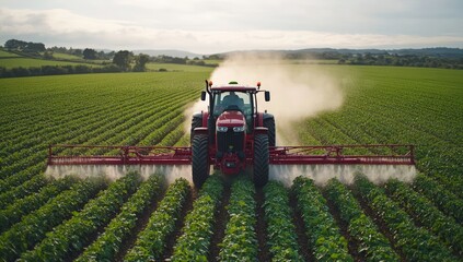 Fototapeta premium Tractor spraying crops in a field