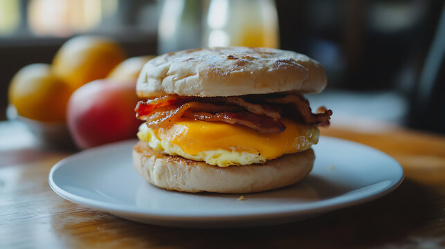 Breakfast Sandwich with Egg, Bacon, and Cheese on an English Muffin - Powered by Adobe