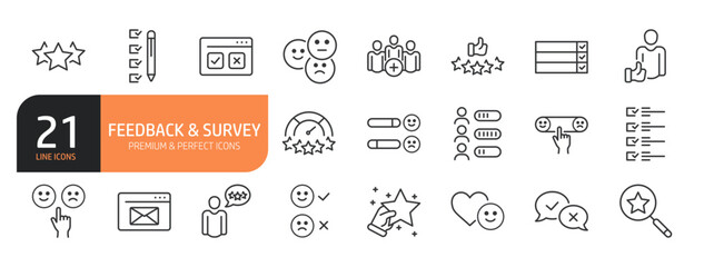 Set of line icons related to feedback, survey and more. Outline icons collection. Editable stroke. Vector illustration.