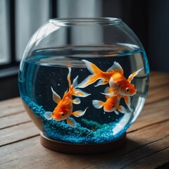 Beautiful bright small goldfish in round glass aquarium on wooden table indoors
