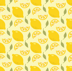 Seamless pattern with lemons, leaves and lemon slices. Cute summer background of yellow fruits 