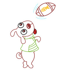 funny puppy sticking out his tongue and standing on his hind legs, looking at a flying ball