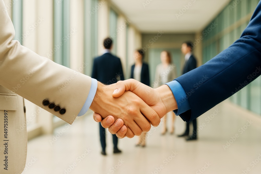 Poster business handshake between two professionals in formal suits with blurred colleagues in background i