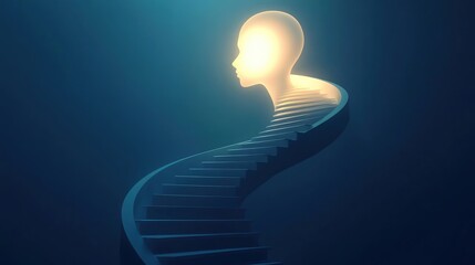 Mastering Your Mindset visualized in surreal style with a staircase spiraling upward into a glowing head silhouette