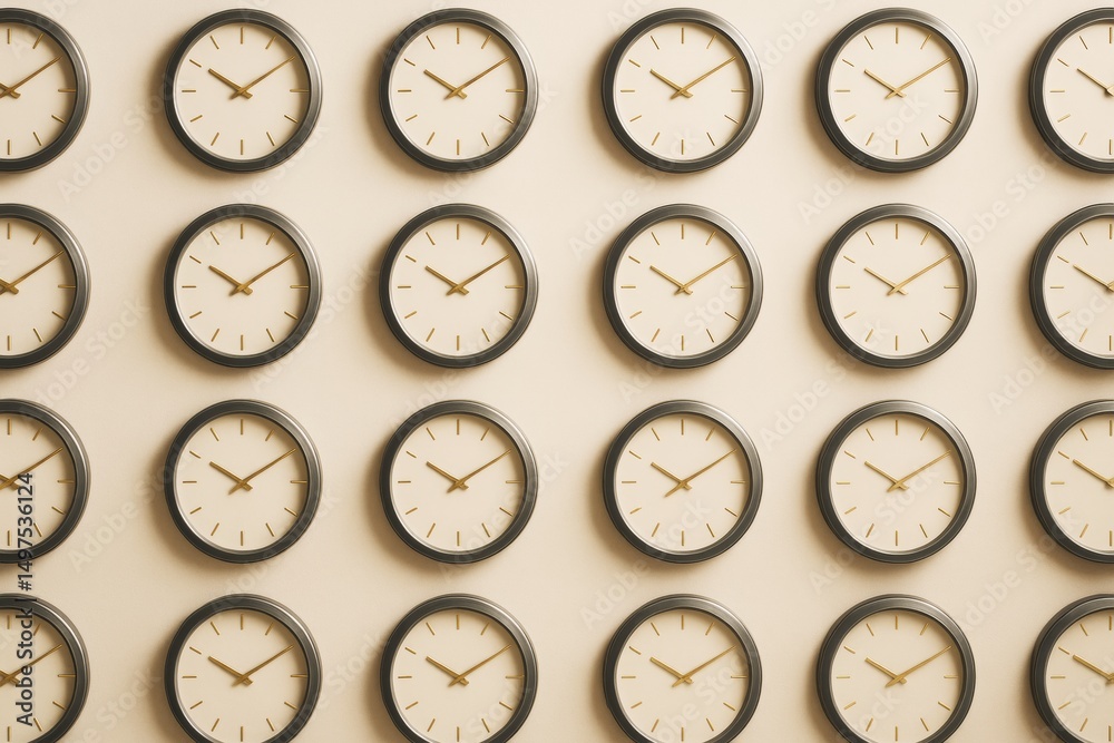 Poster Repeating pattern of minimalist wall clocks with golden hands on light background symbolizing time, business routine, and abstract organization.