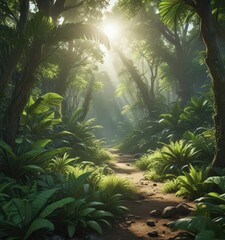Naklejka premium Lush green tropical undergrowth, sunlight dappled , backdrop, flora