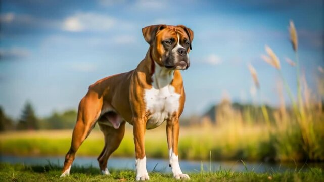 portrait of a dog in nature with blue sky behing here