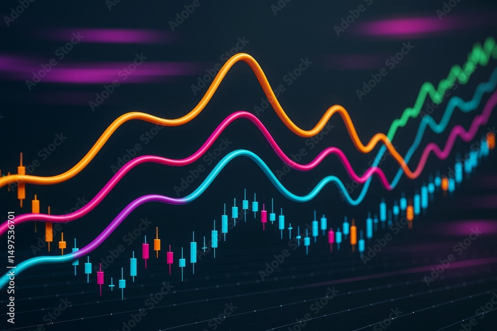 Poster Colorful abstract financial chart with glowing trend lines and candlestick graph elements on dark background for business analytics concept.