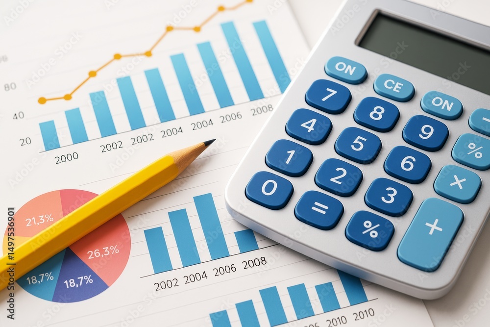 Poster financial analysis concept with calculator, pencil, and colorful business charts on a light backgrou