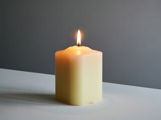 A single, warm-toned candle illuminates a simple studio scene.