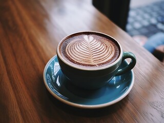 Close-up of a latte art design in a teal-colored coffee cup.