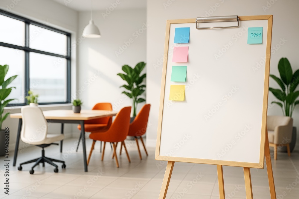 Poster modern office with whiteboard and colorful sticky notes in bright business background with natural l