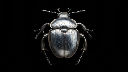 Silver metallic scarab beetle or Chrysina limbata on black background, showcasing intricate details and texture