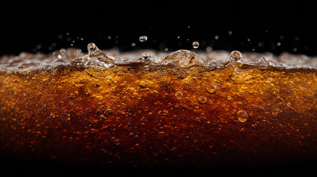 Bubbly soda with fizzing bubbles of root beer against dark background, capturing refreshing effervescence
