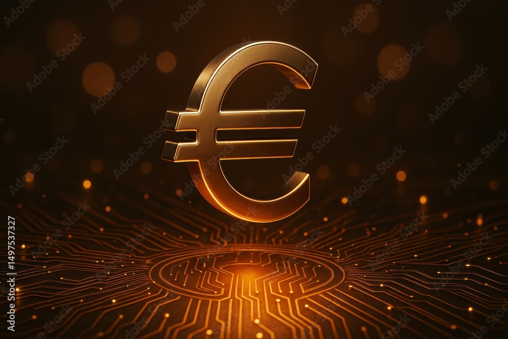 Poster golden euro currency symbol floating above glowing circuit background in dark digital environment, s