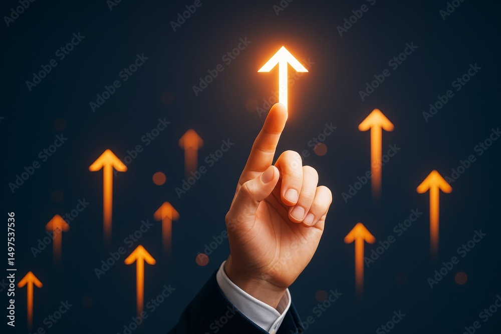 Poster Businessman hand touching glowing arrow pointing upward with multiple arrows in background symbolizing growth and success concept.