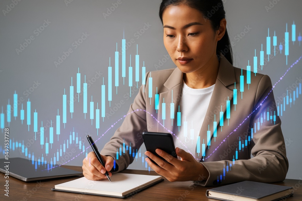 Poster businesswoman analyzing stock market data with smartphone and taking notes on light background with 