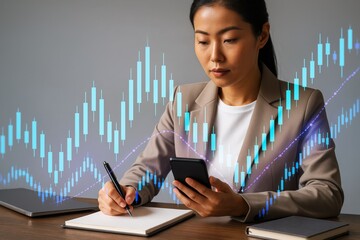 Businesswoman analyzing stock market data with smartphone and taking notes on light background with financial graph concept overlay.