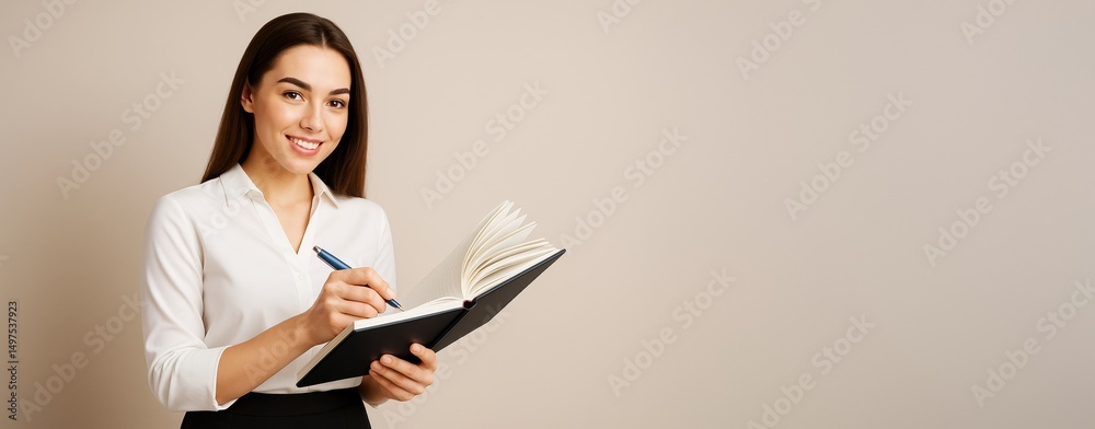 Poster smiling businesswoman writing in notebook on light background with copyspace for banner or advertisi