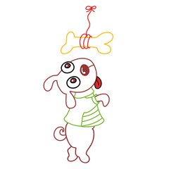 cute puppy standing on hind legs, bone as a gift, outline