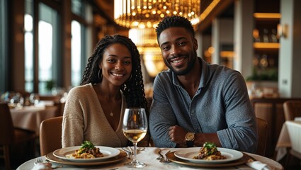 Smiling African American couple enjoying dinner at a fancy restaurant
