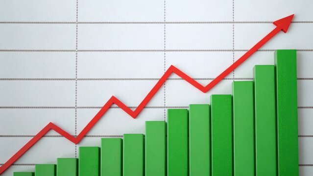 A green bar chart and a red upward arrow line illustrate growth and positive business trends.